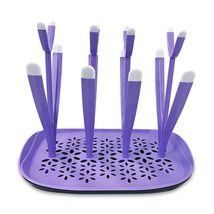 Green baby bottle drying rack with adjustable arms and detachable drip tray