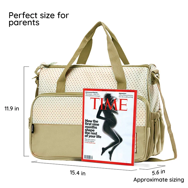 Diaper bag with side view showing reinforced base and compact size