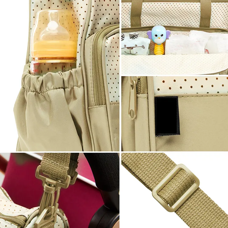 Diaper bag closed with zippered flap and handle in use