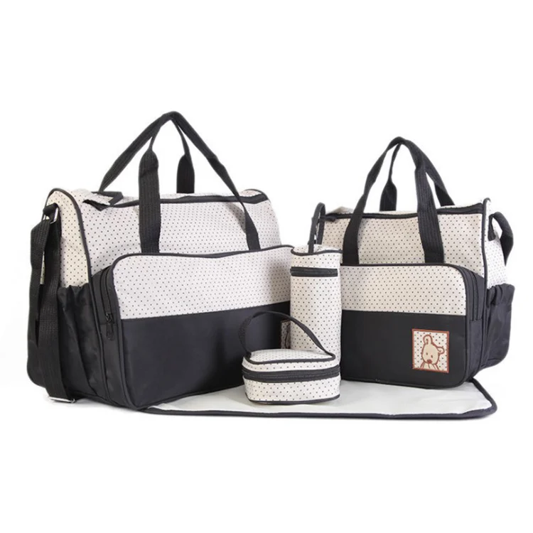 Multifunctional diaper bag in beige with wide opening and zippered back flap