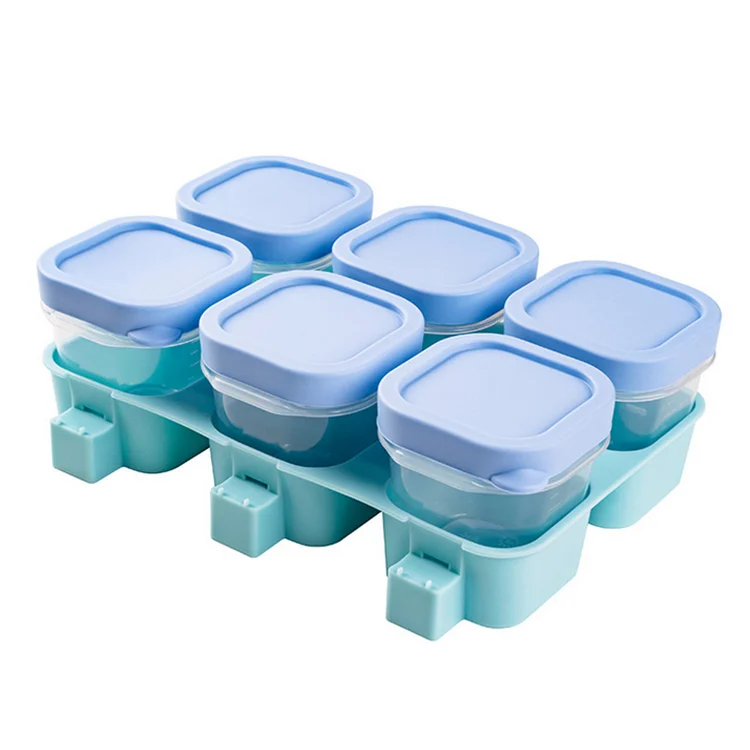 Blue and pink baby food ice cube mold with six 100ml compartments and a silicone lid