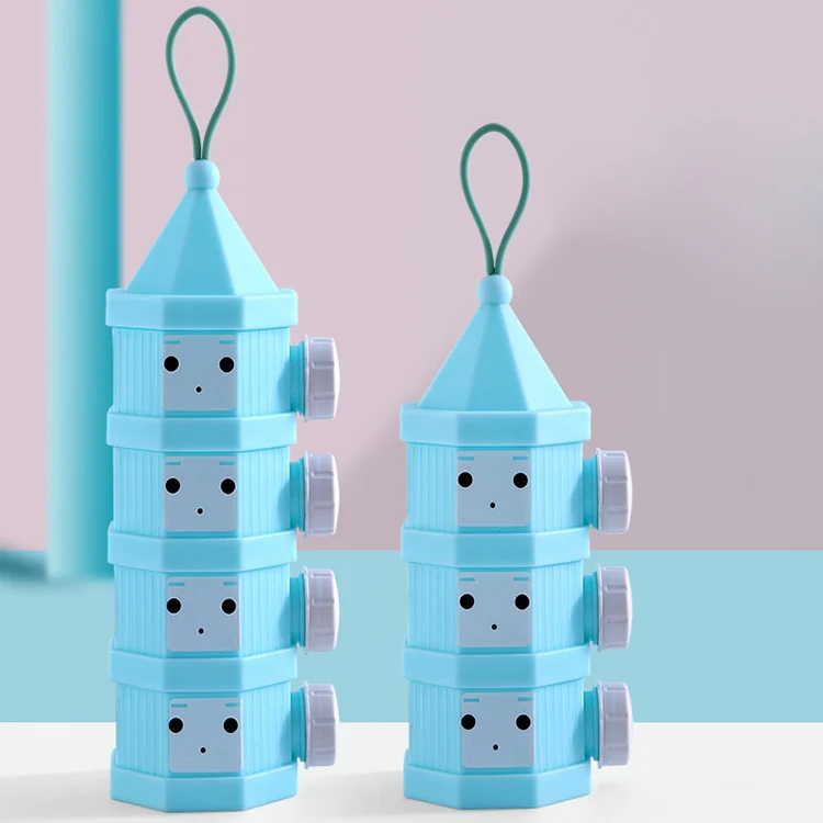 White 50g milk powder box with compartments open, showing twist-lock lids and covered spouts