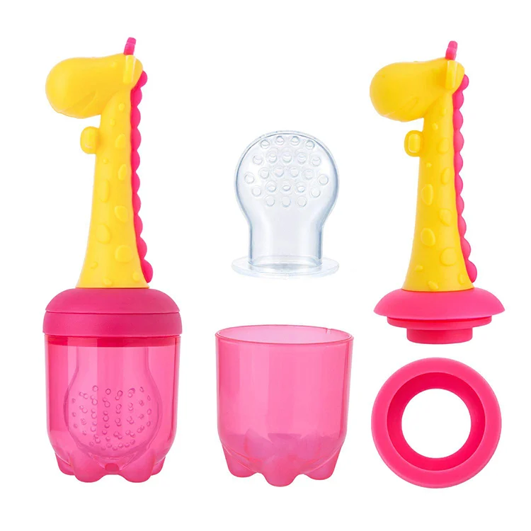 Pink giraffe-shaped silicone food pacifier with mesh section, standing upright