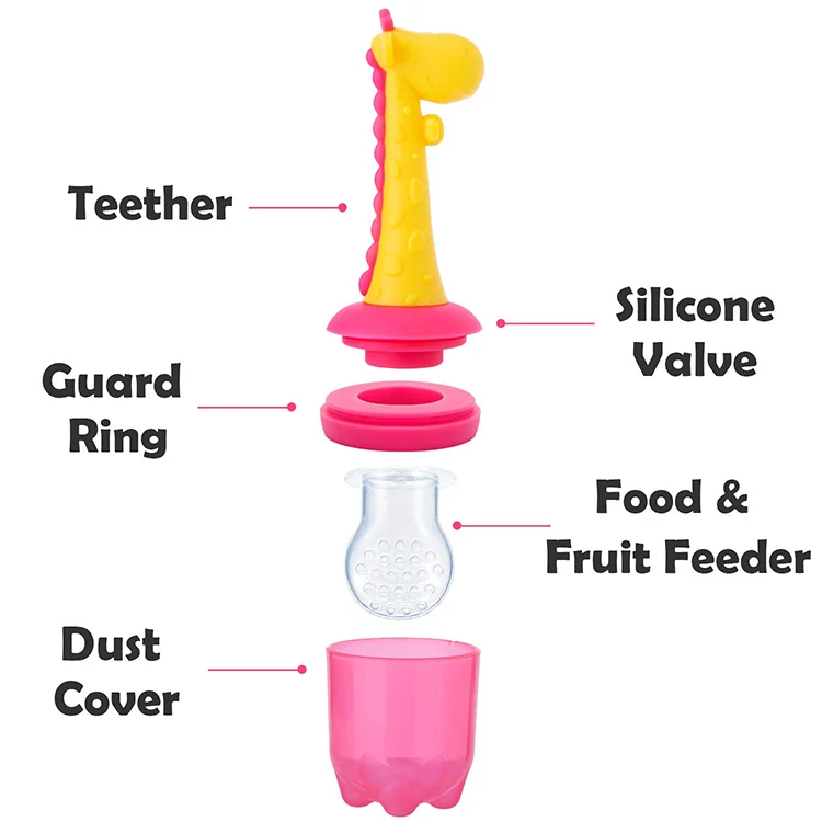 Giraffe pacifier being held by a small hand, demonstrating grip size