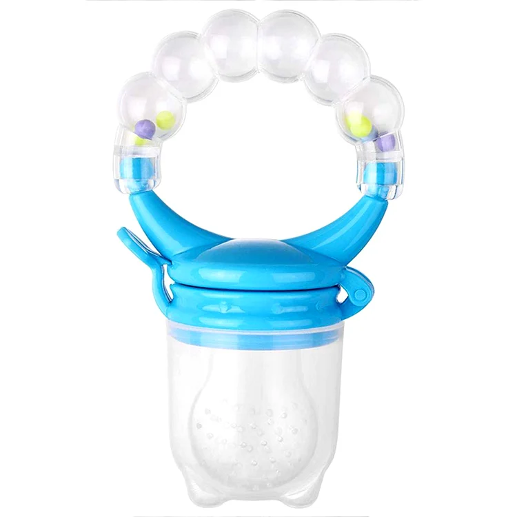 White silicone baby food feeder with rocking bell, standing upright