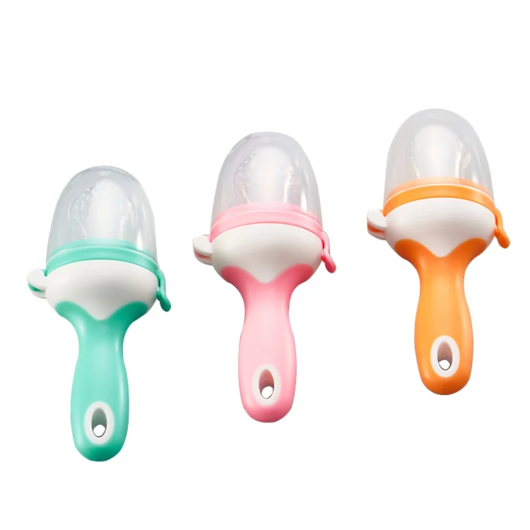 Lollipop-style baby fruit feeder pacifier in white with mesh cover attached