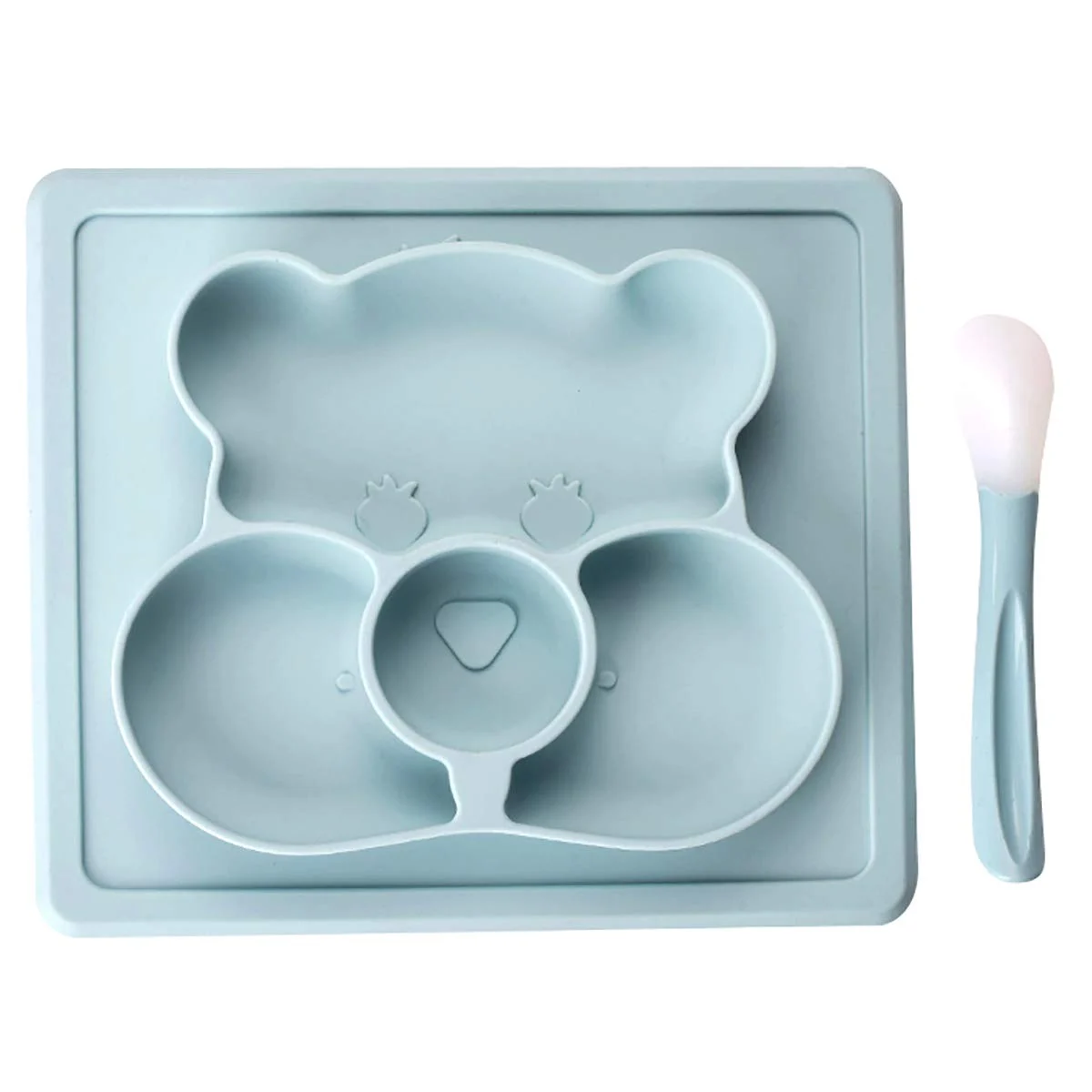 Blue silicone baby tableware set with suction base on a highchair tray