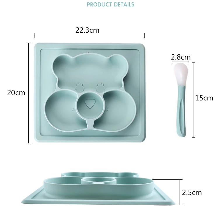 Green silicone baby tableware set with the suction base visible