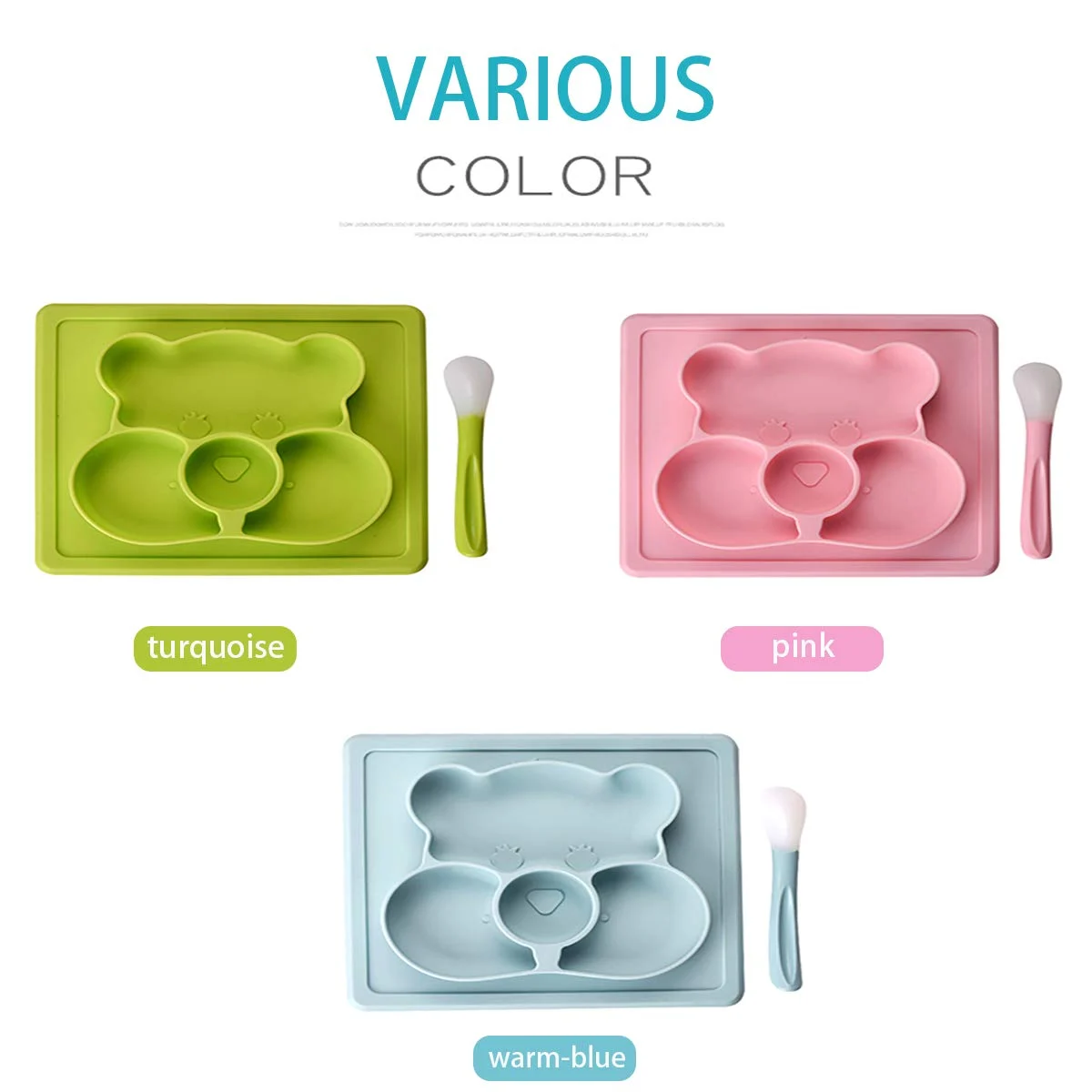 Pink silicone baby tableware set with spoon placed beside it