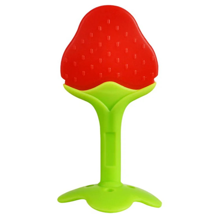 Close-up of a green apple-shaped teether with four bottom holes and soft texture