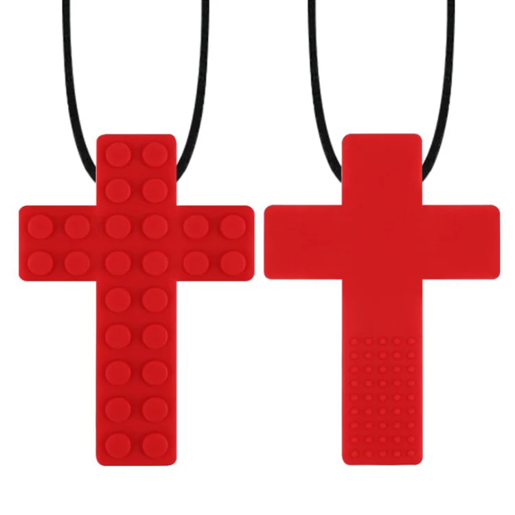 Chew necklace worn around a baby's neck with soft texture visible