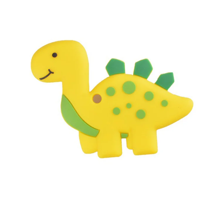Stegosaurus silicone teether toy in yellow, showing the full body and rounded edges