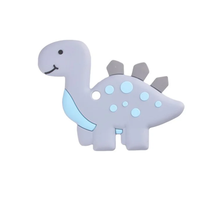 Stegosaurus silicone teether toy in blue, viewed from the side