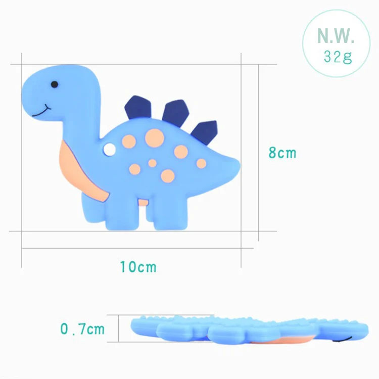 Stegosaurus silicone teether toy in blue, with a hand holding it