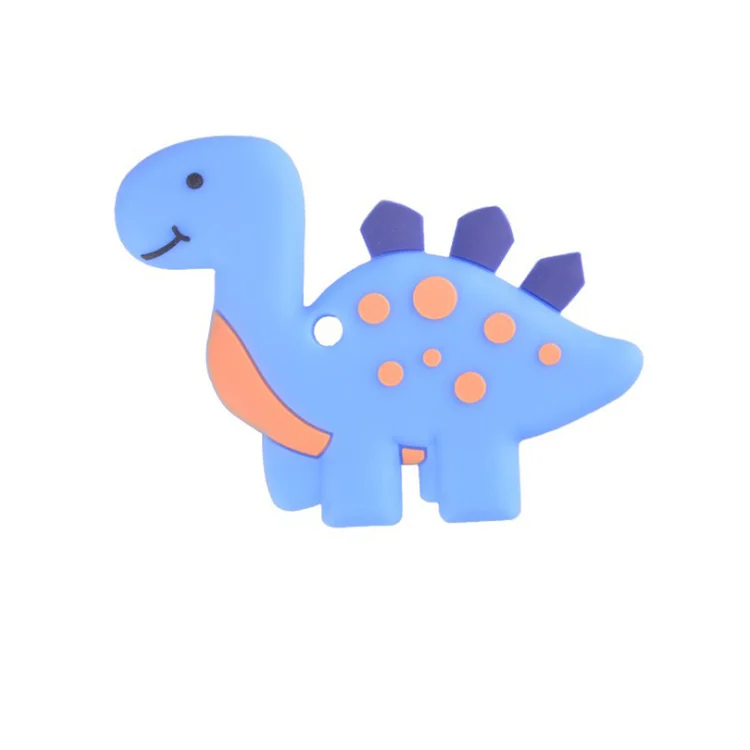 Stegosaurus-shaped silicone teether toy in pink, standing upright