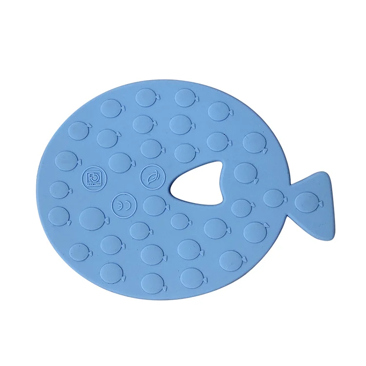 Fish-shaped silicone teether with beads, white colour, showing integrated beads