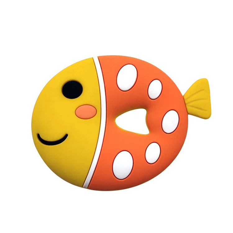 Fish-shaped silicone teether with beads, blue colour, side view