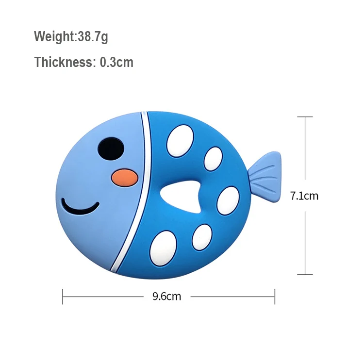 Fish-shaped silicone teether with beads, multi-colour set, laid flat