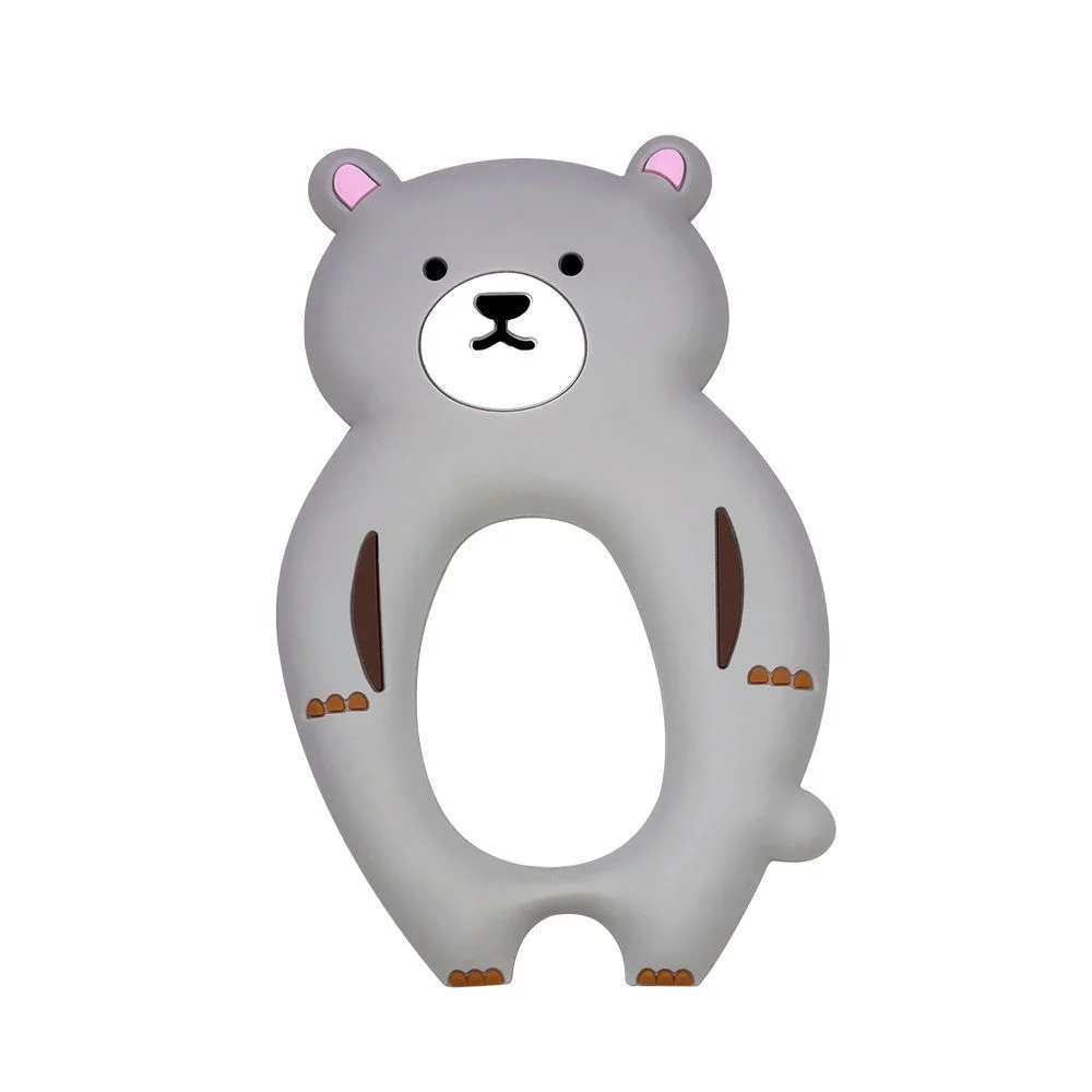 Bear-shaped silicone teether with beads and integrated silicone clip, standing upright