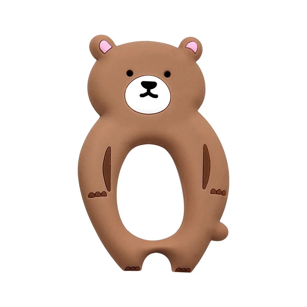 Bear-shaped teether viewed from the side, showing soft texture and clip