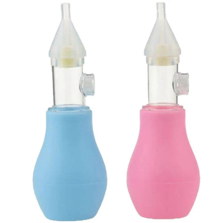 Portable soft silicone nasal aspirator with soft tip and plastic body, standing upright
