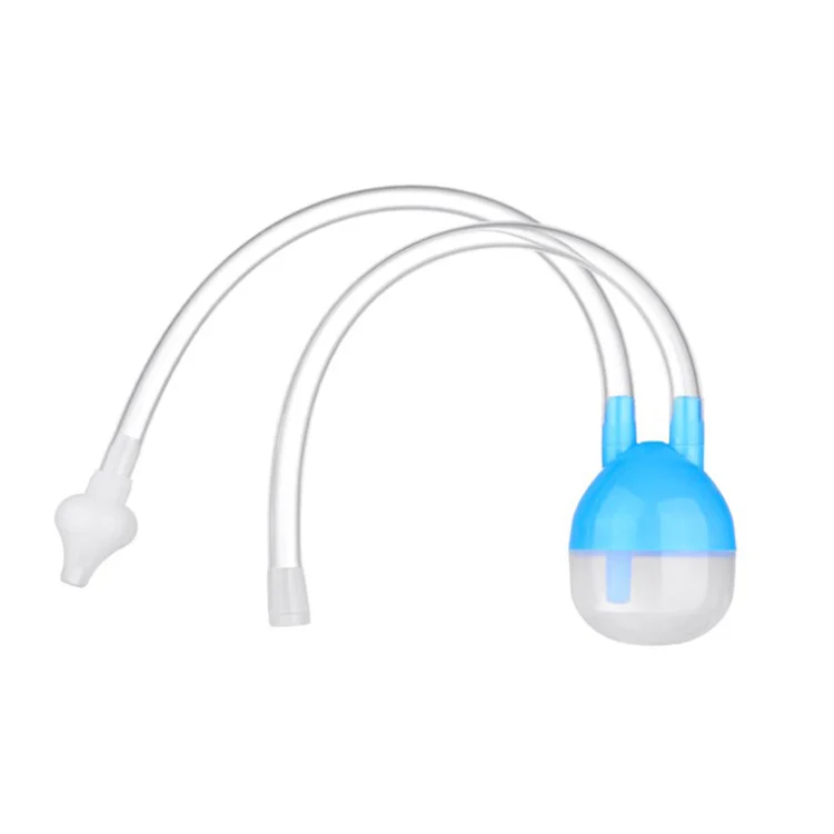 Blue baby nose snot cleaner with U-shaped silicone tip and slanted tube