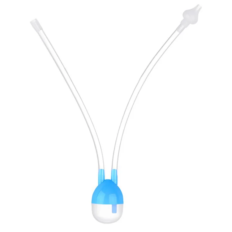Pink baby nasal aspirator held upright with soft silicone tip