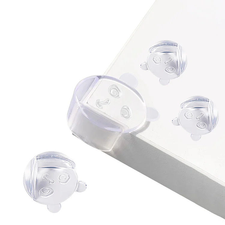 Transparent round L-shaped silicone corner guard on a wooden table corner