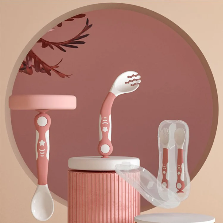 Green baby spoon and fork set with flexible handle and suction cup