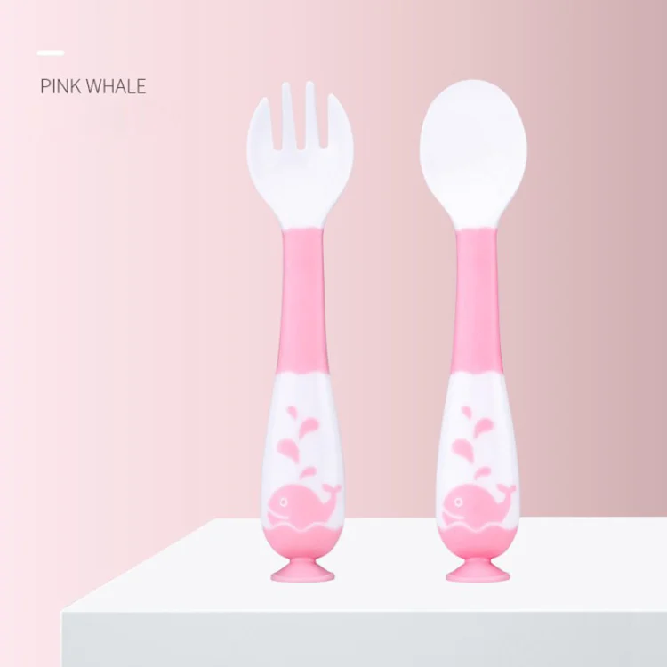 Blue bendable spoon and fork set with handle bent to the left