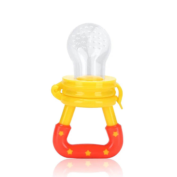 Yellow baby fruit feeder pacifier with mesh structure and nipple