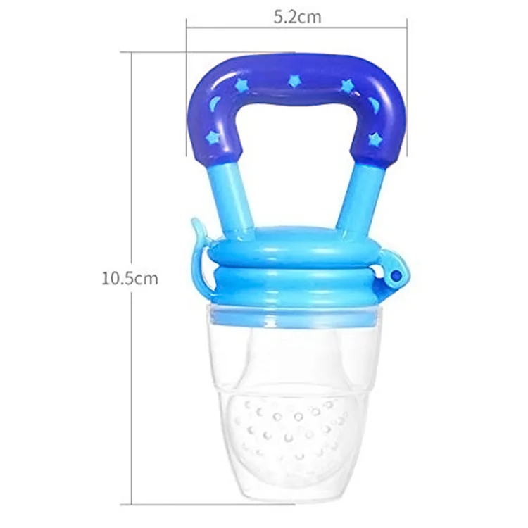 Pink baby fruit feeder pacifier with three sizes shown side by side