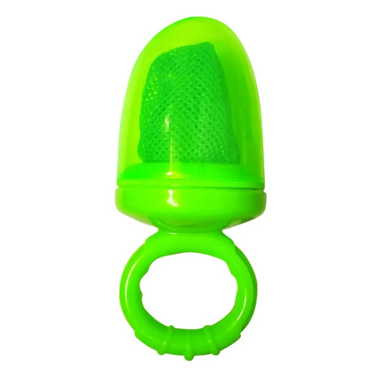 Front view of the pacifier with the handle and mesh bag attached