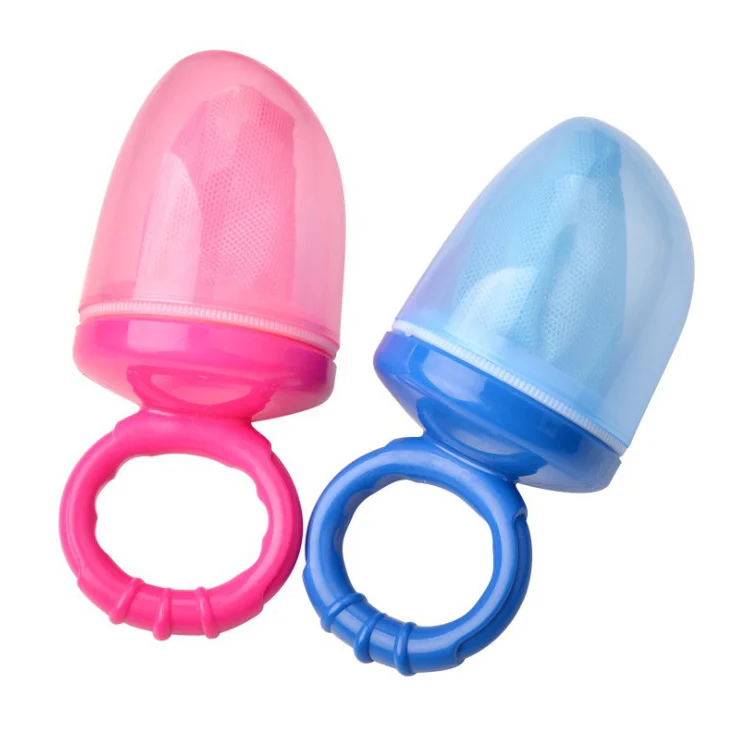 Baby fruit feeder pacifier with nylon mesh bag in use, showing food inside the mesh
