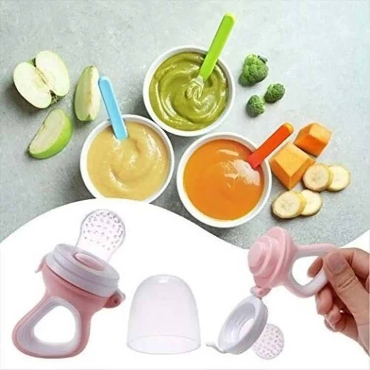 Pacifier feeder in use with a baby's hand gripping the curved handle