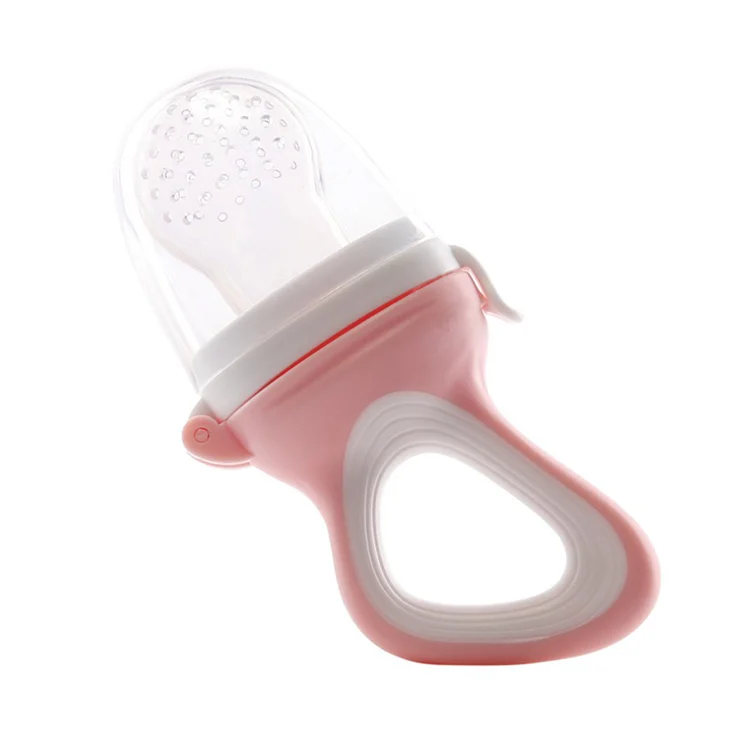 Blue baby food fruit pacifier feeder with cover open and mesh insert visible
