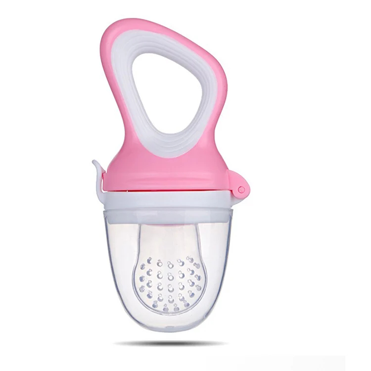 Green baby food fruit pacifier feeder with textured surface and curved handle