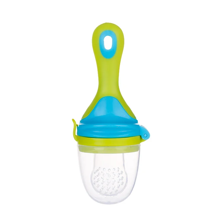 Lollipop-shaped silicone fruit feeder pacifier in white, showing small feeding holes and snap ring