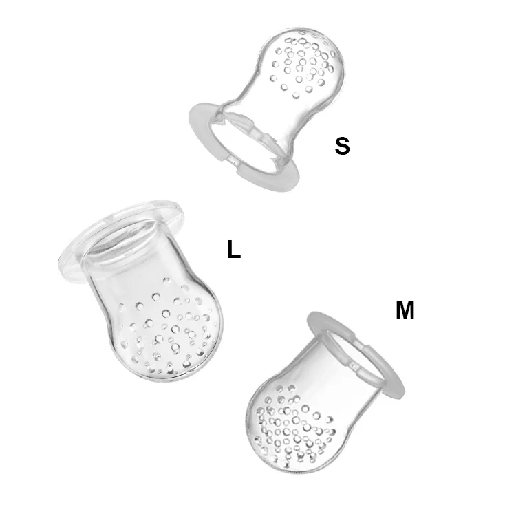 Pacifier and three mesh sizes laid out on a white surface, showing size variation