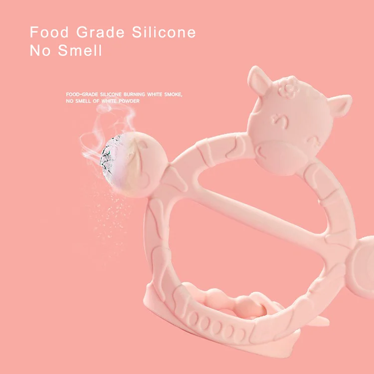 Cow-shaped teething bracelet in green, front view with textured surface detail