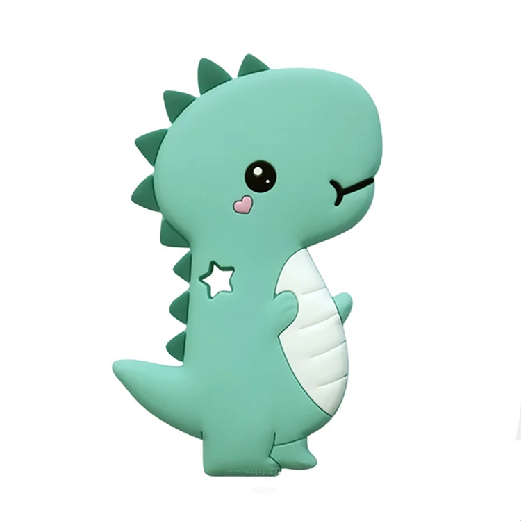 Blue dinosaur teether toy with smooth surface, no visible joints