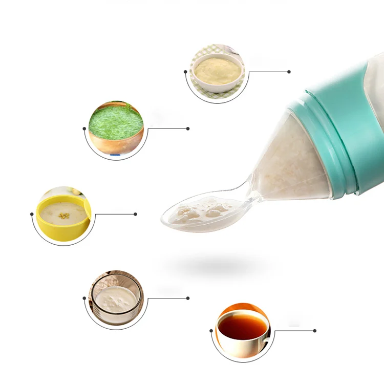 Squeeze spoon food feeder placed on a table with suction cup engaged