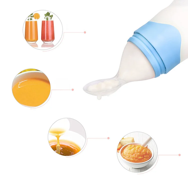Side view of the feeding bottle showing the squeeze body and spoon