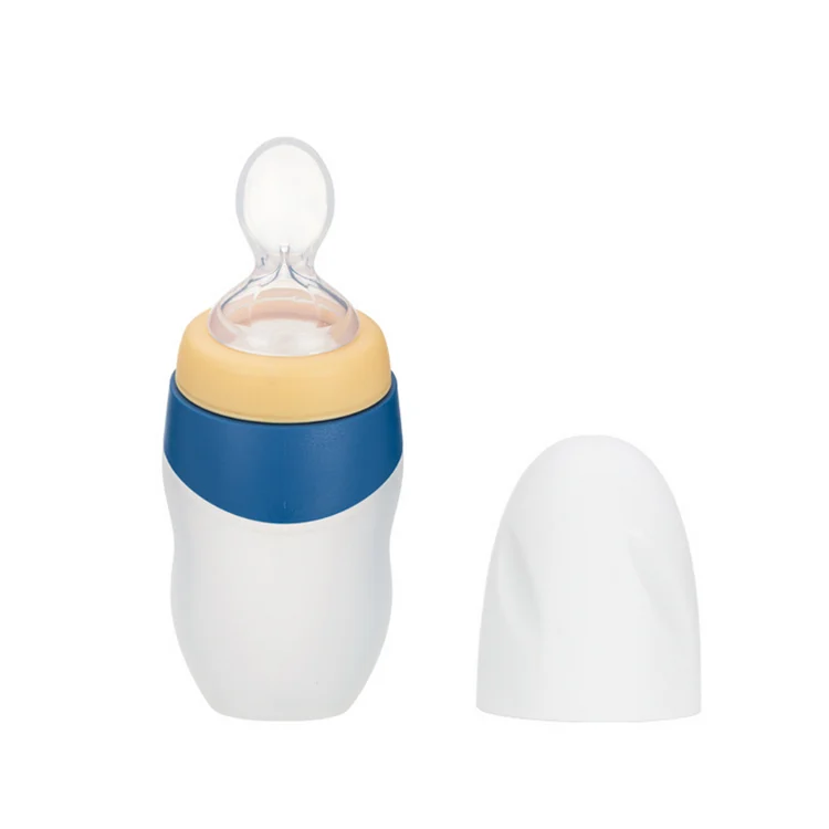 Pink 90ml silicone feeding bottle with spoon and protective cap