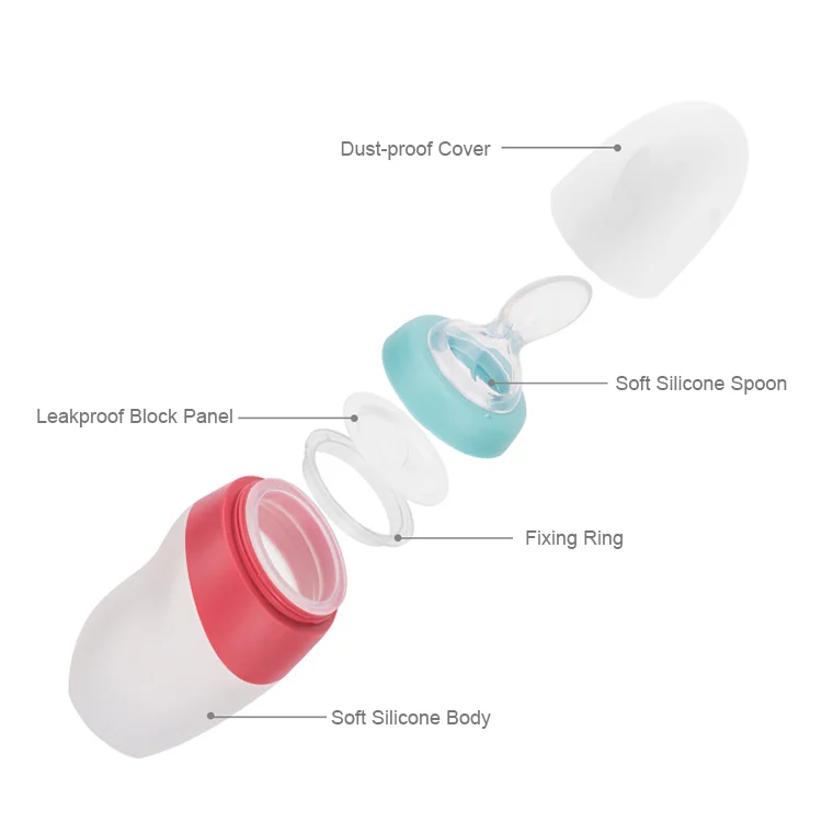 Feeding bottle with spoon and cap laid out on a white surface