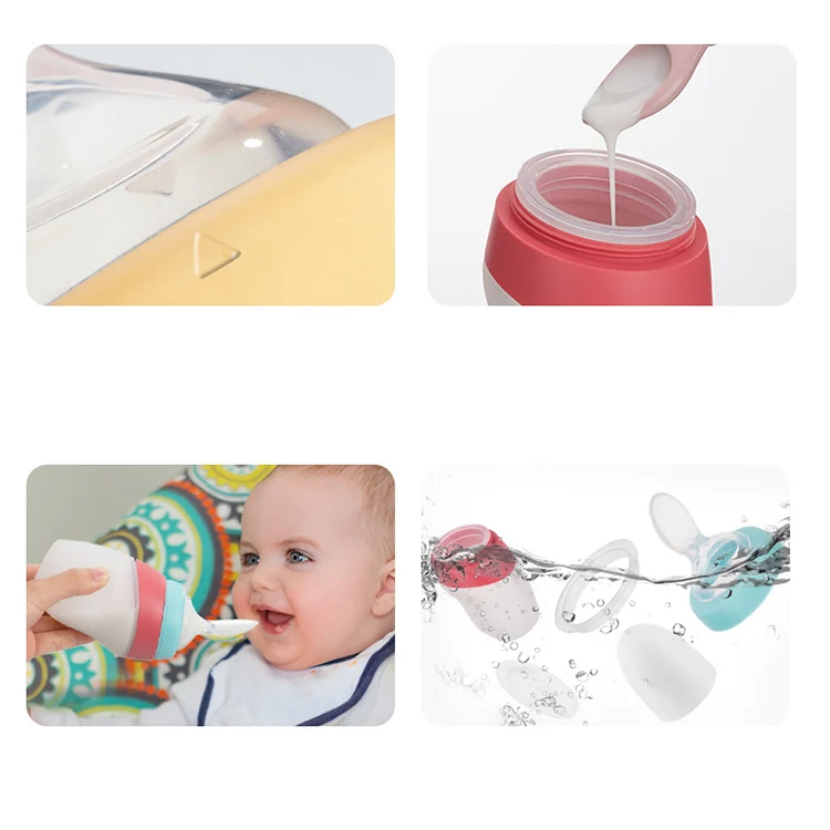 Feeding bottle with spoon and cap in a nappy bag