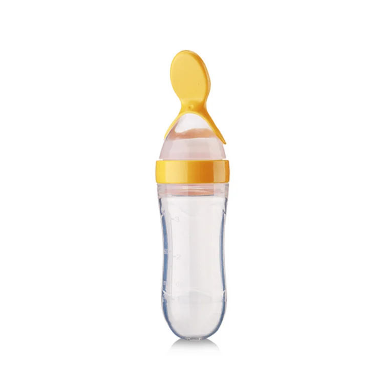 White silicone baby feeding bottle with spoon head and protective cover