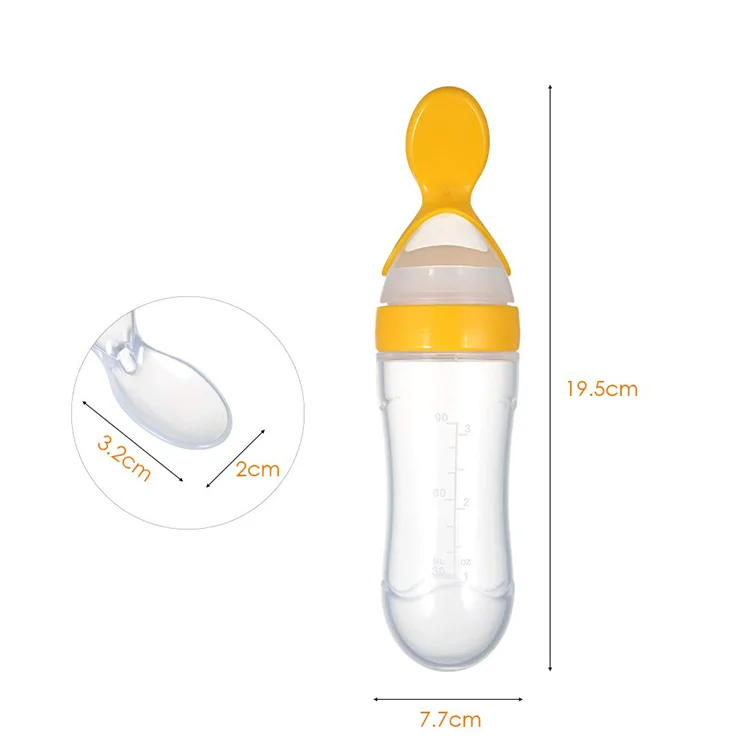 Bottle with spoon head and cover, shown in a nappy bag setting