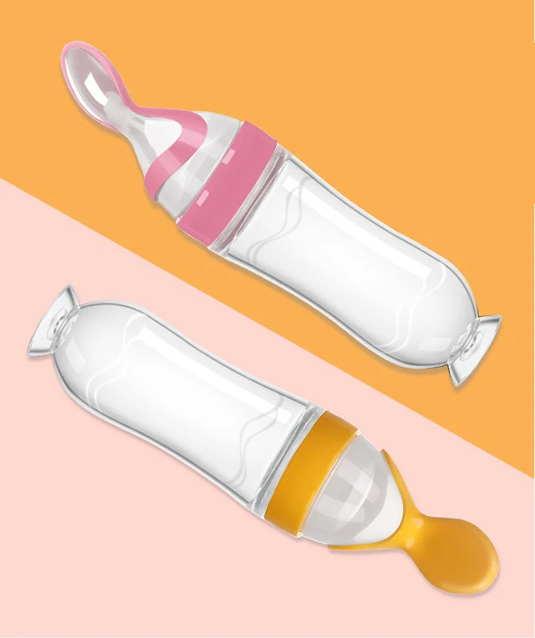 Feeding bottle placed on a table with suction cup holding it steady