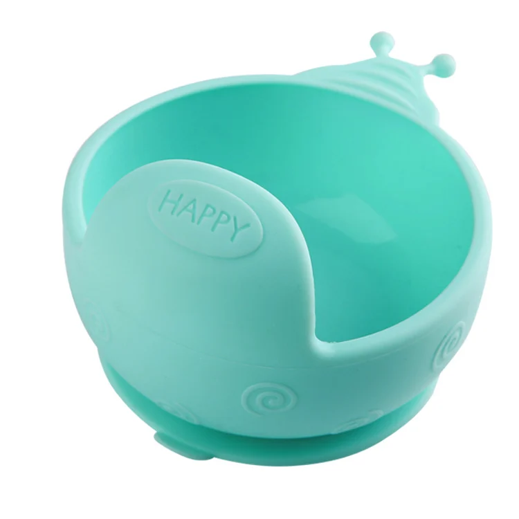 Pink snail-shaped silicone feeding bowl with raised rim and non-slip base